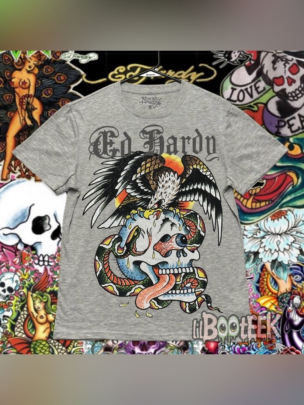 Ed Hardy Mens SM Heather Gray T-Shirt Rhinestone Skull Eagle Snake Logo NEW Y2K
